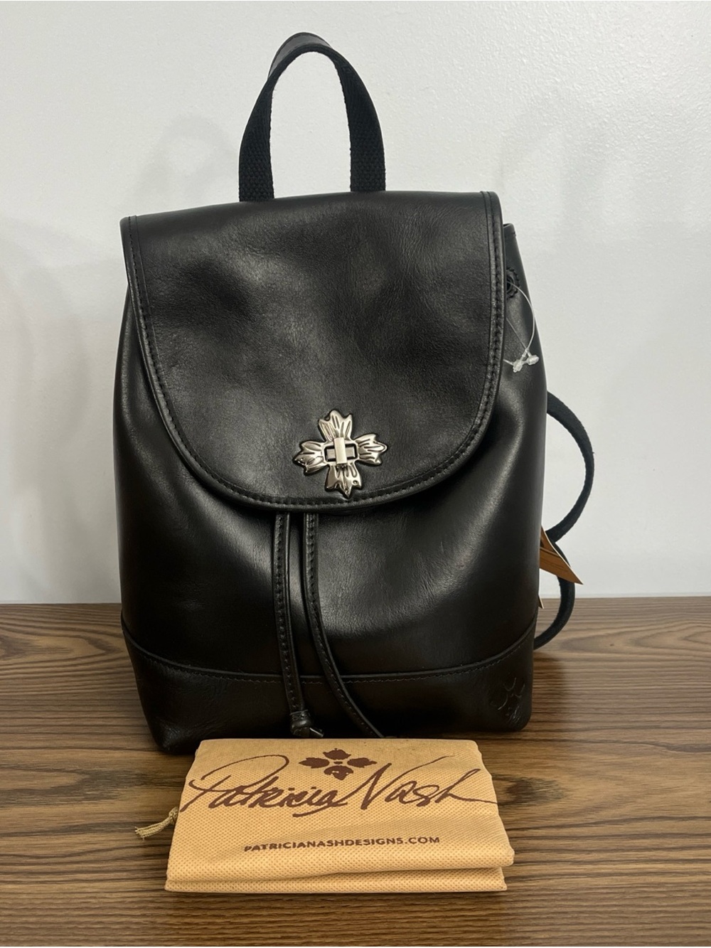 Patricia Nash Seluci Backpack Black Leather Medium Turnlock Drawstring New W/tag